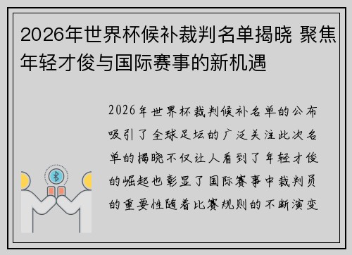 2026年世界杯候补裁判名单揭晓 聚焦年轻才俊与国际赛事的新机遇