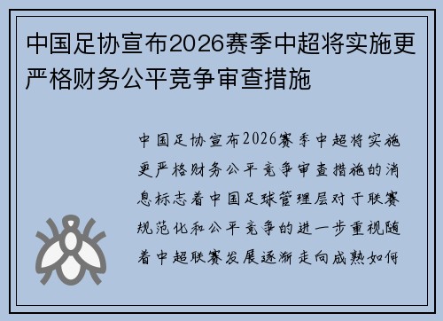 中国足协宣布2026赛季中超将实施更严格财务公平竞争审查措施